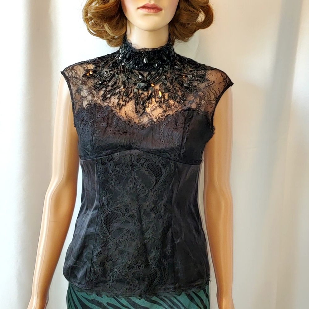 BEBE Black Lace Silk Bead Corset-Style Top - SM